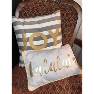 Joy and Falalala White, Gray and Gold Christmas Farmhouse Toss Pillows